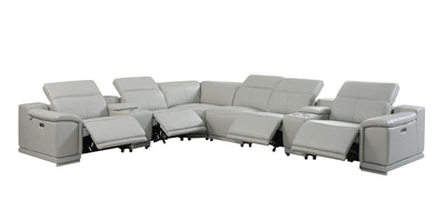 Light Gray Italian Leather Power Recline L Shape Eight Piece Corner Sectional With Console