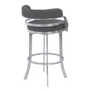 34" Gray And Silver Faux Leather Swivel Low Back Counter Height Bar Chair With Footrest