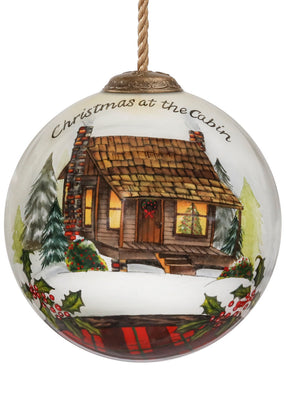 Vintage Christmas at the Cabin Hand Painted Mouth Blown Glass Ornament