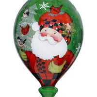 Plaid Santa with Cardinals Hand Painted Mouth Blown Glass Ornament