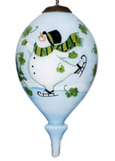 Ice Skating Shamrock Snowman Hand Painted Mouth Blown Glass Ornament
