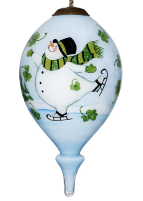 Ice Skating Shamrock Snowman Hand Painted Mouth Blown Glass Ornament