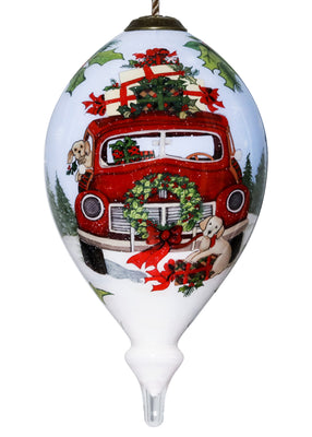 Puppy and Red Truck Christmas Wreath Hand Painted Mouth Blown Glass Ornament