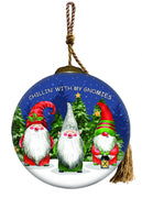 Casual Gnomes in Christmas Mode Hand Painted Mouth Blown Glass Ornament