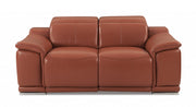 72" Camel Brown Italian Leather and Chrome Power Recline Love Seat With Storage