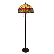 62" Brown Two Light Traditional Shaped Floor Lamp With Red Flowers Stained Glass Dome Shade