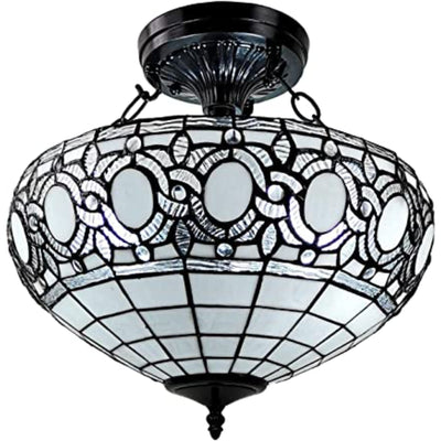 Blue and Black Tiffany Style Two Light Glass Dimmable Semi Flush Ceiling Light