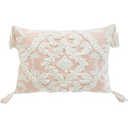 13" X 18" Peach And White Damask Zippered Polyester And Cotton Blend Throw Pillow With Tassels