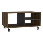 32" Walnut and Black Open Rectangular Coffee Table With Three Shelves