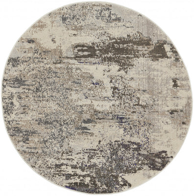 5' X 5' Ivory And Grey Round Abstract Power Loom Non Skid Area Rug