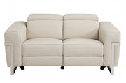 65" Beige Italian Leather and Stainless Reclining  Love Seat