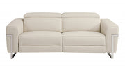 83" Beige Italian Leather and Chrome Reclining Sofa