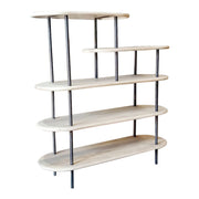 58" Whitewash Solid Wood and Gray Iron Five Tier Oval Bookcase