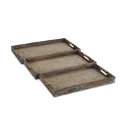 Set Of Three 19" Brown Rectangular Wood Handmade Trays With Handles