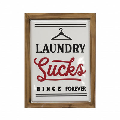 Black and Red Metal Wood Frame Laundry Sucks Laundry Room Wall Decor