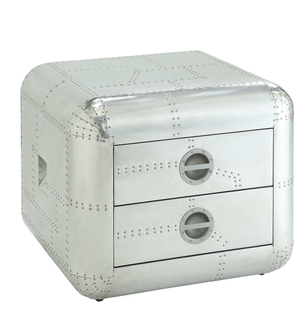 22" Silver Aluminum Aviator Trunk Style Square End Table With Two Drawers