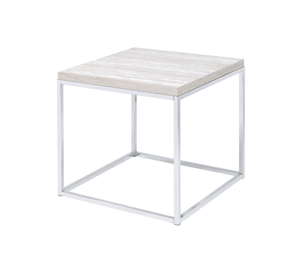 24" Chrome And White Oak Manufactured Wood And Metal Square End Table