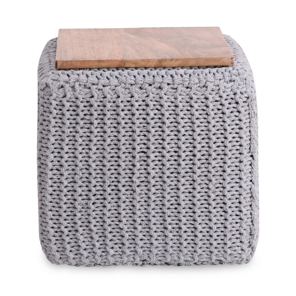 16" Light Gray Cotton Blend And Brown Pouf Ottoman