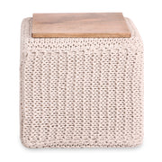 16" Ivory Cotton Blend And Brown Pouf Ottoman