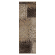 10' Beige Gray And Black Damask Distressed Stain Resistant Runner Rug