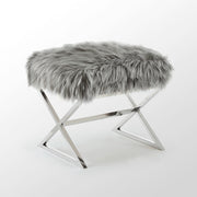 18" Gray Faux Fur And Silver Ottoman