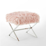 18" Rose Faux Fur And Silver Ottoman
