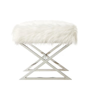 18" White Faux Fur And Silver Ottoman