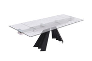 63" Glass and Black Extendable Dining Table With Accordion Metal Base