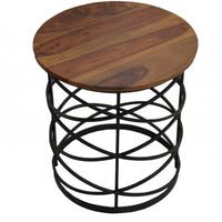 19" Black And Brown Solid Wood And Iron Round End Table