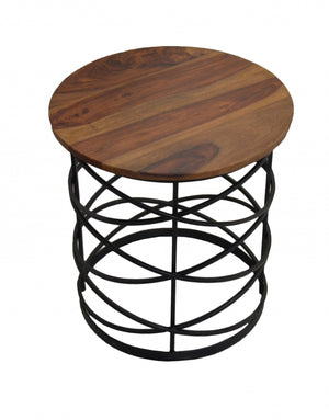 19" Black And Brown Solid Wood And Iron Round End Table