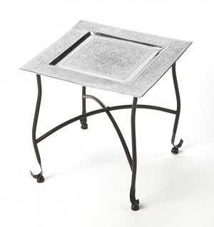 16" Black And Silver Textured Aluminum Square End Table