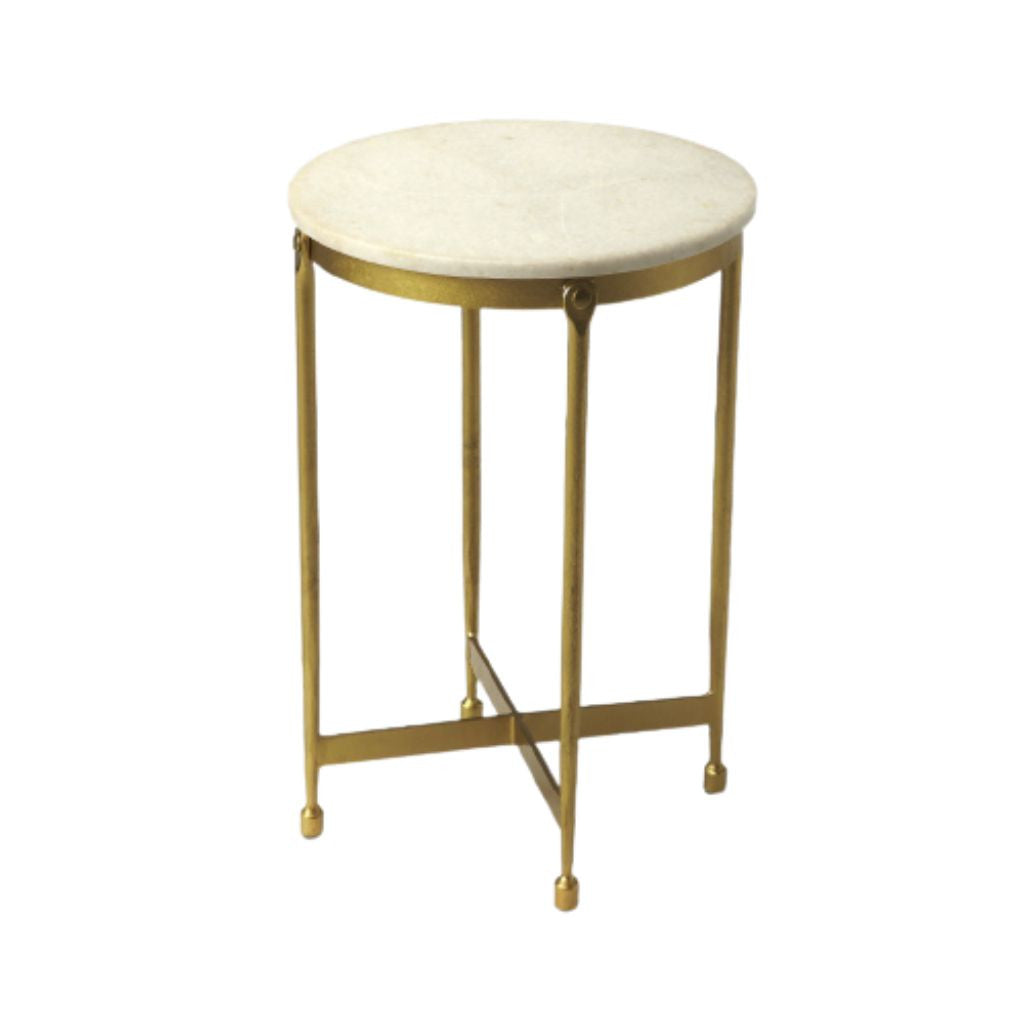 20" Antiqued Gold And White Marble Round End Table