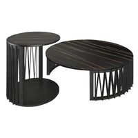 35" Black Marble And Solid Wood Round Nested Coffee Tables