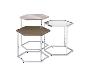 17" Chrome And Taupe Manufactured Wood And Metal Hexagon Nested Coffee Tables