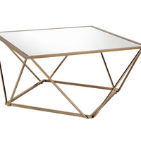 32" Champagne Gold And Mirrored Mirrored And Metal Square Mirrored Coffee Table