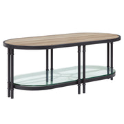 47" Sandy Black And Oak Paper Veneer And Metal Oval Coffee Table With Shelf
