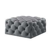 33" Light Gray Linen And Black Rolling Tufted Cocktail Ottoman