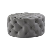 33" Gray Velvet And Black Rolling Tufted Round Cocktail Ottoman