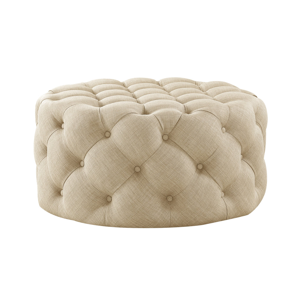 33" Beige Linen And Black Rolling Tufted Round Cocktail Ottoman