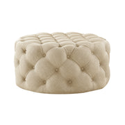33" Beige Linen And Black Rolling Tufted Round Cocktail Ottoman