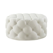 33" White Linen And Black Rolling Tufted Round Cocktail Ottoman