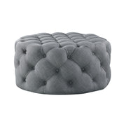 33" Light Gray Linen And Black Rolling Tufted Round Cocktail Ottoman