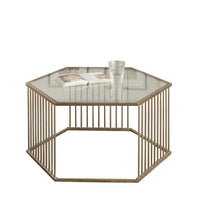 34" Champagne And Clear Glass And Metal Hexagon Coffee Table