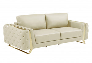 90" Beige Italian Leather And Gold Standard Sofa