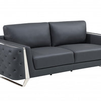 90" Dark Gray Italian Leather And Chrome Standard Sofa