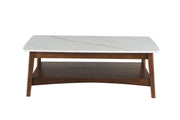 48" Walnut And White Stone Rectangular Coffee Table With Shelf
