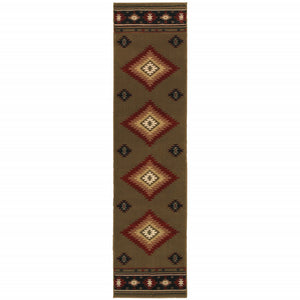 2' X 8' Green Southwestern Power Loom Stain Resistant Runner Rug