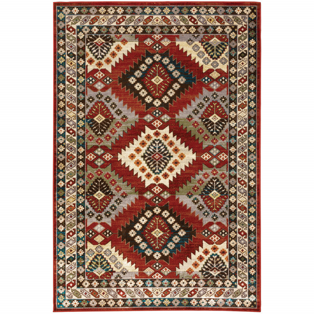10' X 13' Red Deep Teal Ivory Grey And Green Southwestern Power Loom Stain Resistant Area Rug