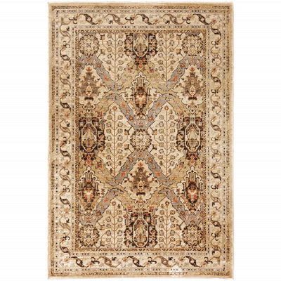 5' X 7' Beige Grey Dolphin Blue Deep Teal Gold And Orange Oriental Power Loom Stain Resistant Area Rug