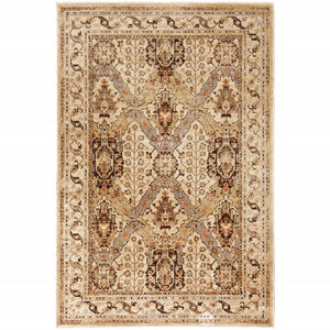 5' X 7' Beige Grey Dolphin Blue Deep Teal Gold And Orange Oriental Power Loom Stain Resistant Area Rug